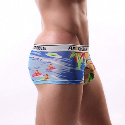 Boxer Briefs Men's Briefs-Patchwork Beach Pants Print Boxer Briefs Shorts Bulge Pouch Underpants - Blue - CR193IEUCSL