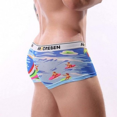 Boxer Briefs Men's Briefs-Patchwork Beach Pants Print Boxer Briefs Shorts Bulge Pouch Underpants - Blue - CR193IEUCSL