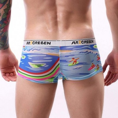 Boxer Briefs Men's Briefs-Patchwork Beach Pants Print Boxer Briefs Shorts Bulge Pouch Underpants - Blue - CR193IEUCSL