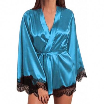 Robes Women Satin Nightdress Lace Trim Nightshirt Lingerie Bathrobe Sleepwear Kimono Short Robe - Green - CJ18NQECT5Q