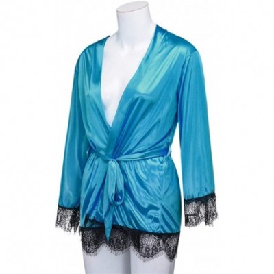 Robes Women Satin Nightdress Lace Trim Nightshirt Lingerie Bathrobe Sleepwear Kimono Short Robe - Green - CJ18NQECT5Q