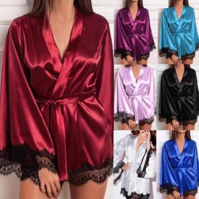 Robes Women Satin Nightdress Lace Trim Nightshirt Lingerie Bathrobe Sleepwear Kimono Short Robe - Green - CJ18NQECT5Q