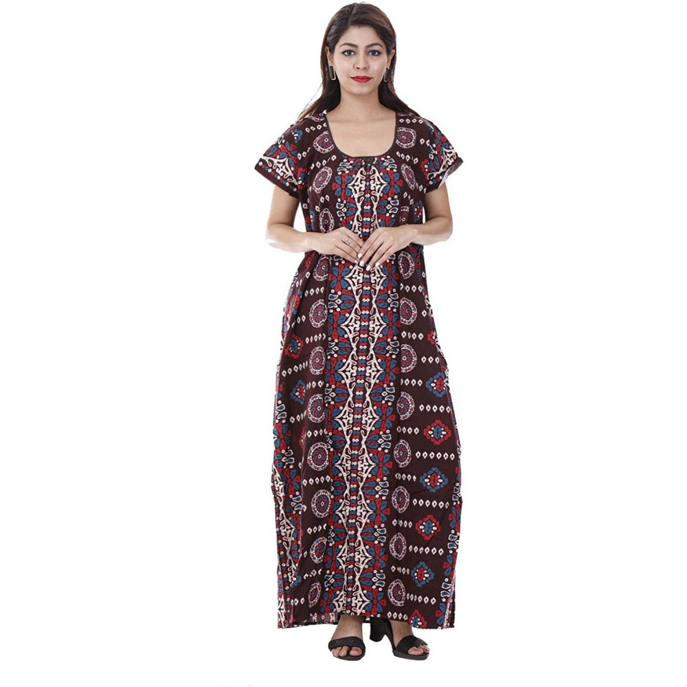 Nightgowns & Sleepshirts Women's Cotton Nightie Brown Printed Nightdress Slip On Evening Wear L - C-693 - CH190U765EY