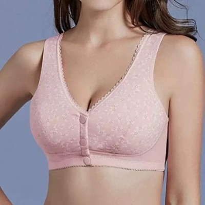 Bras Medium Elderly Women Front Button Snap Closure Bras Wireless Cotton Ultra Soft Cup Underwear - Pink - CH18YITIKQW