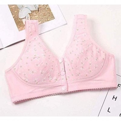 Bras Medium Elderly Women Front Button Snap Closure Bras Wireless Cotton Ultra Soft Cup Underwear - Pink - CH18YITIKQW