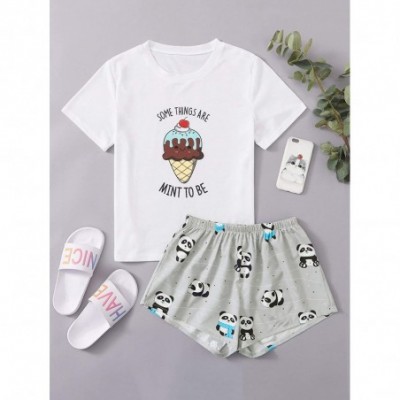 Sets Women's Slogan Panda Graphic Tee and Shorts Pajama Set - Panda Print White - CS19C49THNS