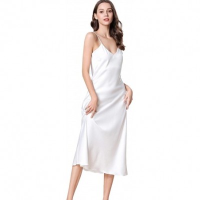 Nightgowns & Sleepshirts Womens Silky Nightdress Deep V-Neck Satin Full Slip Lingerie Sleepwear - White - C718R7OWYNM