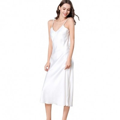 Nightgowns & Sleepshirts Womens Silky Nightdress Deep V-Neck Satin Full Slip Lingerie Sleepwear - White - C718R7OWYNM