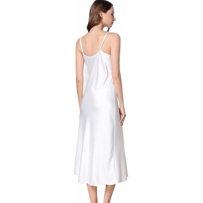 Nightgowns & Sleepshirts Womens Silky Nightdress Deep V-Neck Satin Full Slip Lingerie Sleepwear - White - C718R7OWYNM