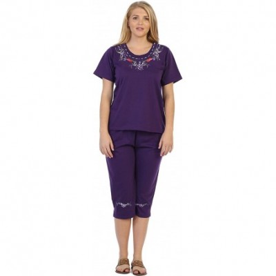 Sets Women's Short Sleeve Embroidered Blouse and Matching Capri Set - Purple Red Hat - C518Z3QRGRU