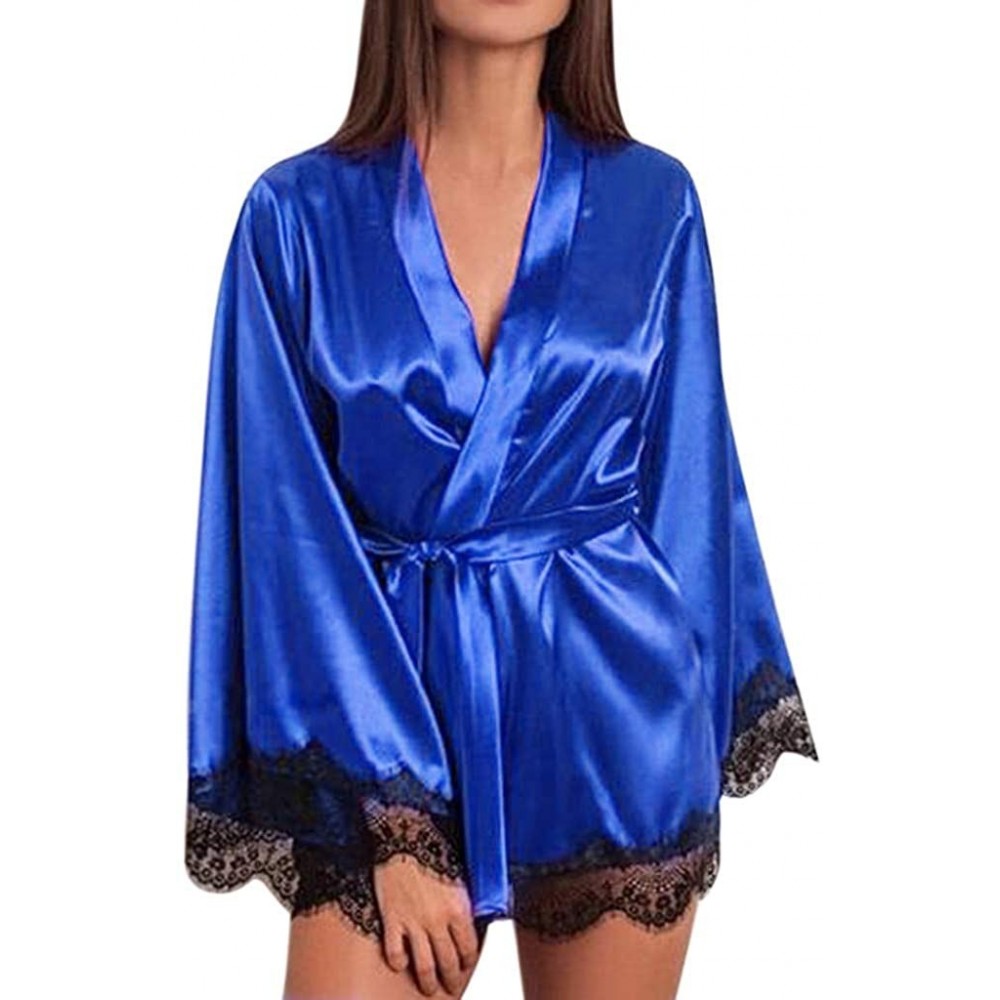 Nightgowns & Sleepshirts Womens Sexy Robe Satin Kimono Robes Lace Lingerie Nightgown Babydoll Nightshirt Long Sleeve Cardigan...