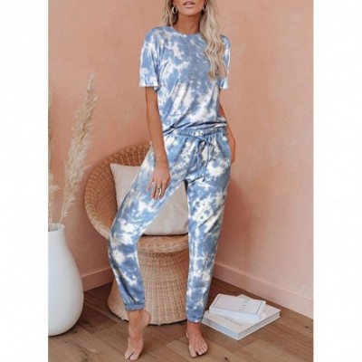 Sets Womens PJ Sets Nightwear Loungewear Tie Dye Printed Long Pajamas Sets - A-blue - CM1986A0O34