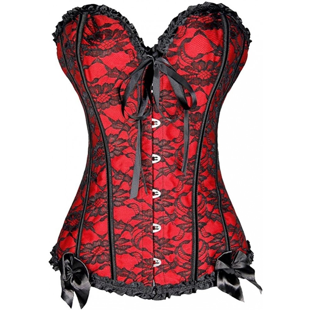 Bustiers & Corsets Womens Floral Lace Trim Corset Overbust Waist Cincher Bustier Plus Size - Red - CY17YK3C6W2