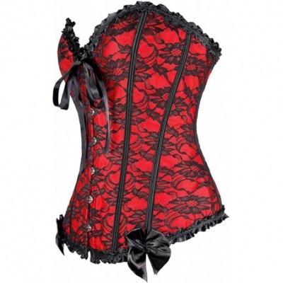 Bustiers & Corsets Womens Floral Lace Trim Corset Overbust Waist Cincher Bustier Plus Size - Red - CY17YK3C6W2