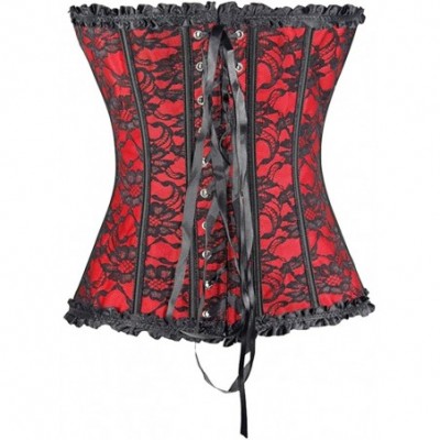 Bustiers & Corsets Womens Floral Lace Trim Corset Overbust Waist Cincher Bustier Plus Size - Red - CY17YK3C6W2