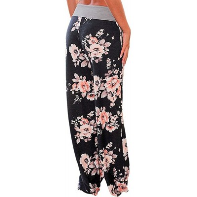 Bottoms Women's Stretchy Wide Leg Pajama Pants Comfy Casual Floral Print Palazzo Lounge Pants - Black - C118CRDZLXC