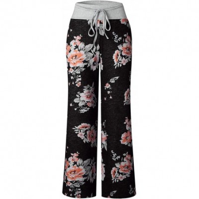 Bottoms Women's Stretchy Wide Leg Pajama Pants Comfy Casual Floral Print Palazzo Lounge Pants - Black - C118CRDZLXC