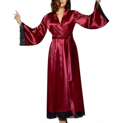 Robes Lace-Paneled Long Bathrobe Nightgown Women Sexy Long Silk Kimono Dressing Gown Bath Robe Babydoll Lingerie - Wine - C61...