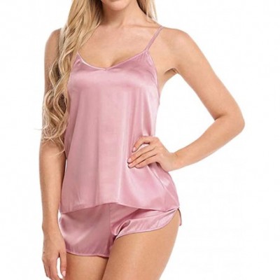 Sets Women Sleepwear Sleeveless Strap Nightwear Lace Trim Satin Cami Top Pajama Sets - B-pink - C918ULTSQ8E