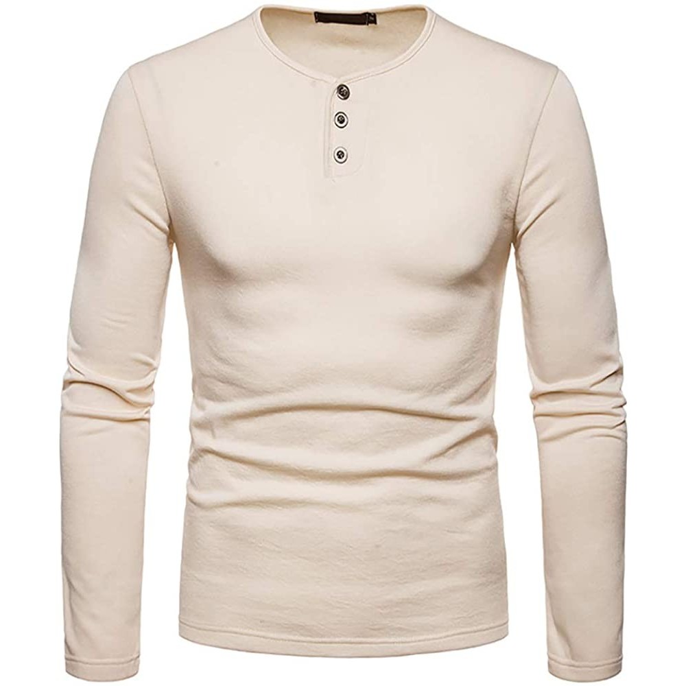 Thermal Underwear Men's Cotton Base Layer Long Sleeve Shirts Thermal Underwear Tops - Beige - C518A0ONHE3