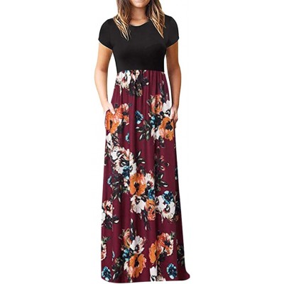 Panties Dresses for Womens- Cold Shoulder Pocket Floral Print Elegant Maxi Short Sleeve Casual - 2593wine - CH18QQW4CZH