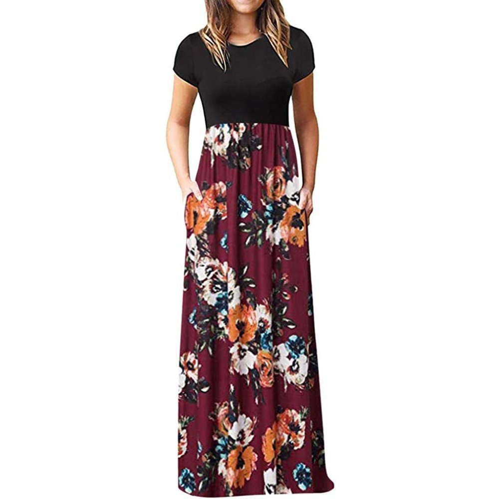 Panties Dresses for Womens- Cold Shoulder Pocket Floral Print Elegant Maxi Short Sleeve Casual - 2593wine - CH18QQW4CZH