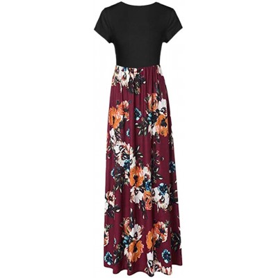 Panties Dresses for Womens- Cold Shoulder Pocket Floral Print Elegant Maxi Short Sleeve Casual - 2593wine - CH18QQW4CZH