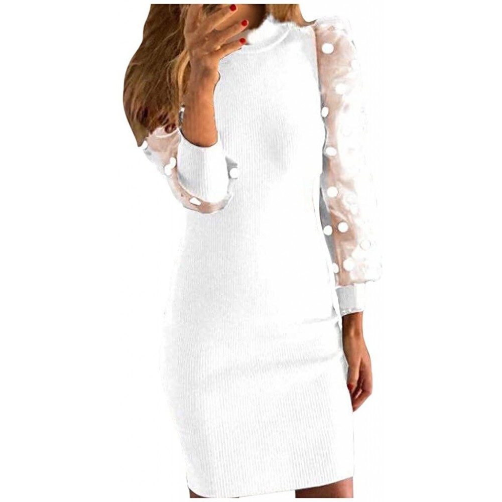 Slips Womens Work Dresses Fashion Dot Printed Mesh Bubble Sleeve Slim Fit Solid Dress - White - CX193NQ9A4Q