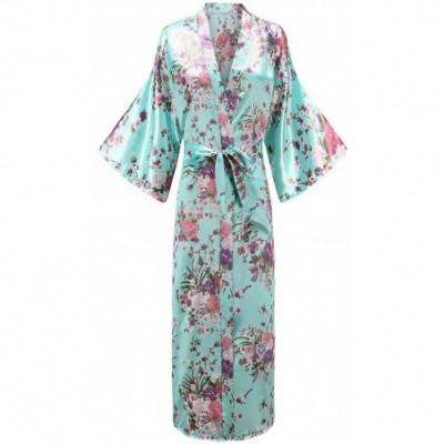 Robes Women Long Robe Print Flower Peacock Kimono Bathrobe Gown Bride Bridesmaid Wedding Robes Sexy Sleepwear - Light Blue Fl...