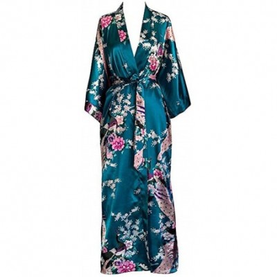 Robes Women Long Robe Print Flower Peacock Kimono Bathrobe Gown Bride Bridesmaid Wedding Robes Sexy Sleepwear - Light Blue Fl...