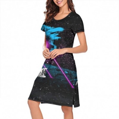 Nightgowns & Sleepshirts Nightgown Womens Sleepwear Galaxy Cat Funny Kitty Blue Best Nightshirt Nightwear - Laser Eyes Galaxy...