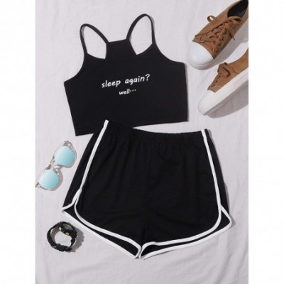 Sets Women 2 Pieces PJ Set Letter Print Camisole Cami Top with Elastic Waist Shorts - Black - CM19CSQ2NRR