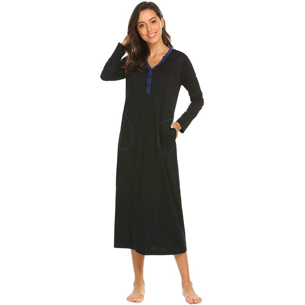 Robes Women's Bathrobe Casual Nightgown Flare Sleeve Solid Soft Wrap Long Robe with Belt Sleepwear - 3-black - C618788GZ2Q