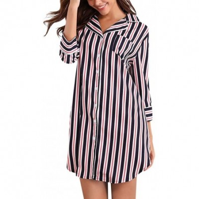 Nightgowns & Sleepshirts Womens Nightgown Pajama Boyfriend Sleep Shirt Dress Striped Button Down Cotton - Red - CS18OKRMISN