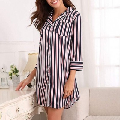 Nightgowns & Sleepshirts Womens Nightgown Pajama Boyfriend Sleep Shirt Dress Striped Button Down Cotton - Red - CS18OKRMISN