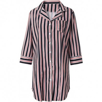 Nightgowns & Sleepshirts Womens Nightgown Pajama Boyfriend Sleep Shirt Dress Striped Button Down Cotton - Red - CS18OKRMISN