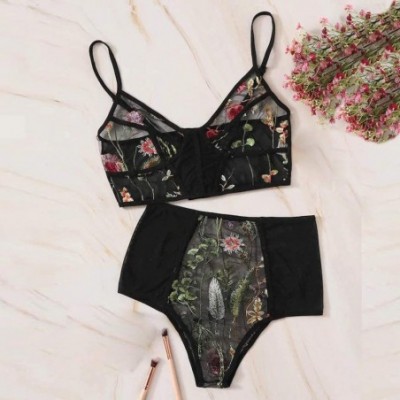 Baby Dolls & Chemises Women V-Neck Floral Embroidered Lace Lingerie Set Babydoll Underwear Nightwear - Black - CD193X7EXLG