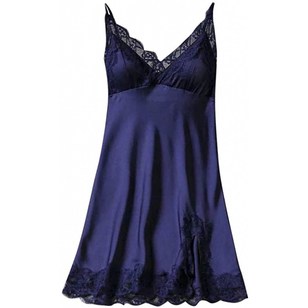 Robes Women Sexy Satin Sling Backless Sleepwear Lingerie Lace Nightdress Underwear - Blue - C0194TMD04W