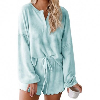 Sets Women Tie Dye Pajama Set Shorts 2 Piece Ruffle Long Sleeve Nightwear Sleepwear Loungewear PJ Set - Sky Blue - C91986KDNMS