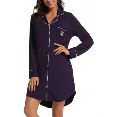 Nightgowns & Sleepshirts Women's Nightgown Long Sleeve Sleepwear Knit Nightgown Soft Button Sleep Dress - Dark Purple - CL18Y...