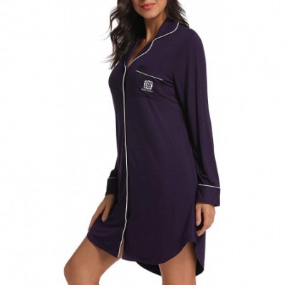 Nightgowns & Sleepshirts Women's Nightgown Long Sleeve Sleepwear Knit Nightgown Soft Button Sleep Dress - Dark Purple - CL18Y...