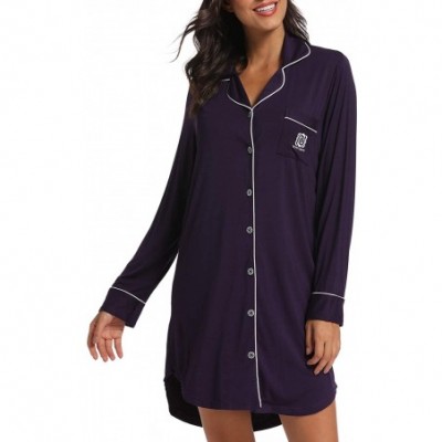 Nightgowns & Sleepshirts Women's Nightgown Long Sleeve Sleepwear Knit Nightgown Soft Button Sleep Dress - Dark Purple - CL18Y...