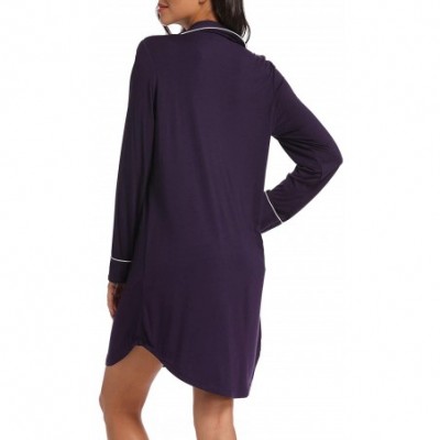 Nightgowns & Sleepshirts Women's Nightgown Long Sleeve Sleepwear Knit Nightgown Soft Button Sleep Dress - Dark Purple - CL18Y...