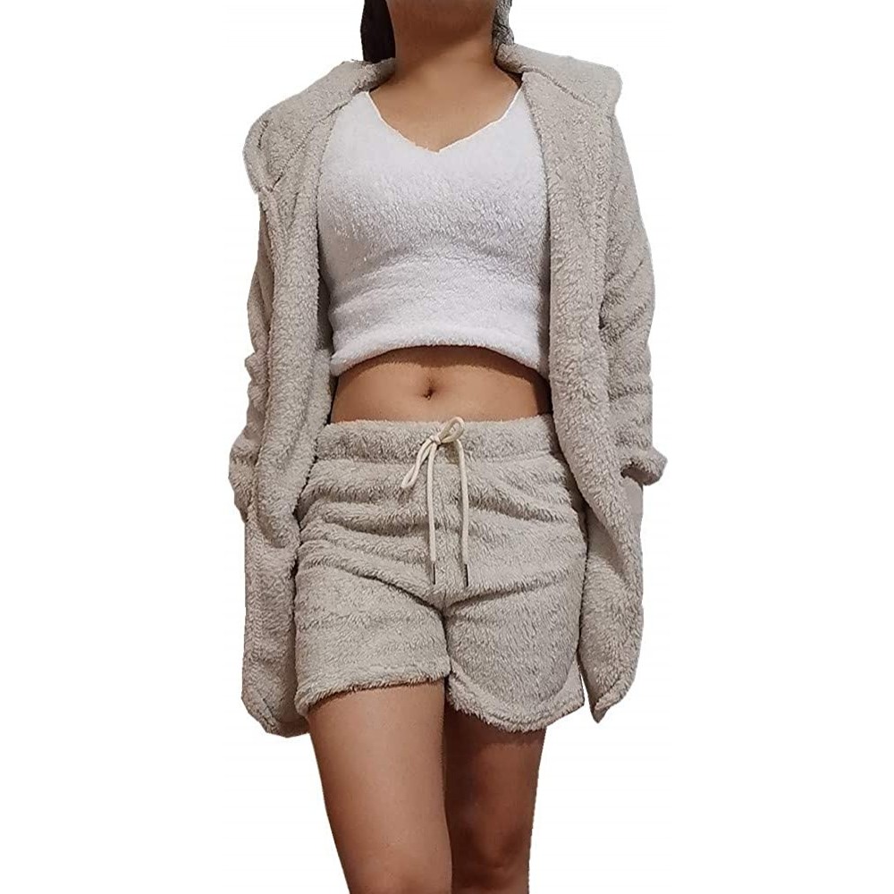 Sets Women's Sexy Fuzzy Fleece 3 Piece Outfits Pajamas Soft Sherpa Coat Jacket and Crop Top Shorts Set - White - CA197TDAMZW