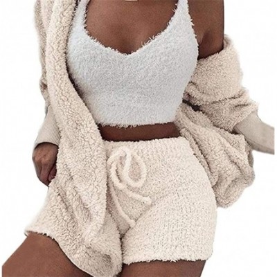 Sets Women's Sexy Fuzzy Fleece 3 Piece Outfits Pajamas Soft Sherpa Coat Jacket and Crop Top Shorts Set - White - CA197TDAMZW