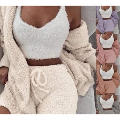 Sets Women's Sexy Fuzzy Fleece 3 Piece Outfits Pajamas Soft Sherpa Coat Jacket and Crop Top Shorts Set - White - CA197TDAMZW