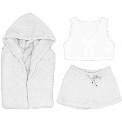 Sets Women's Sexy Fuzzy Fleece 3 Piece Outfits Pajamas Soft Sherpa Coat Jacket and Crop Top Shorts Set - White - CA197TDAMZW