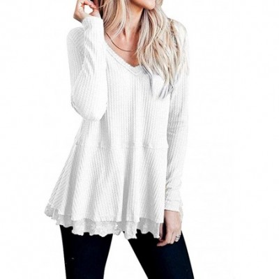 Tops Blouse Long Sleeve Shirt- Womens Casual Long Sleeve Knot Waffle Knit Tunic Lace Blouse Cute Shirts Tops - White - CB18Y4...