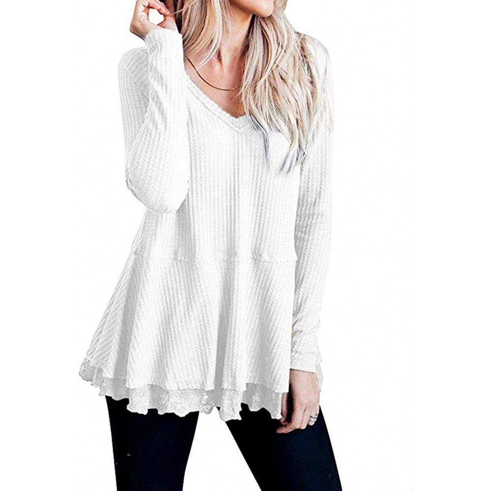 Tops Blouse Long Sleeve Shirt- Womens Casual Long Sleeve Knot Waffle Knit Tunic Lace Blouse Cute Shirts Tops - White - CB18Y4...