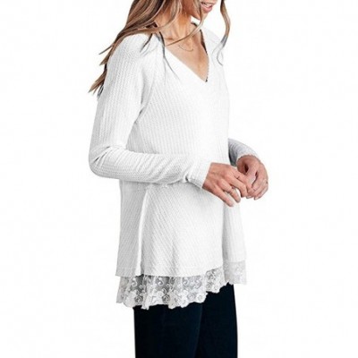 Tops Blouse Long Sleeve Shirt- Womens Casual Long Sleeve Knot Waffle Knit Tunic Lace Blouse Cute Shirts Tops - White - CB18Y4...